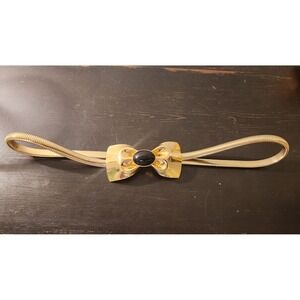 Vintage Gold Tone Snake Chain Stretch Belt Black Cabochon Bow Buckle Womens
